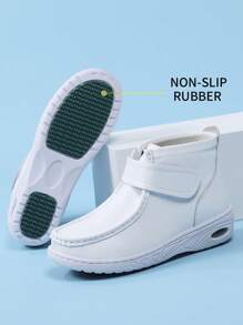 Botas blancas para mujer, zapatos de enfermería de hospital con cojín de aire, botas con forro térmico, suela blanda con cierre de gancho y bucle, zapatos confeccionados con costuras, zapatillas blancas versátiles con suela elástica, antideslizante, amortiguación de impactos y antiestática, aptas para interiores y exteriores - Blanco - Ver 1