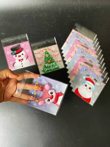 100 个彩色圣诞派对礼品包装 OPP 自封袋，可爱雪人、驯鹿、圣诞老人图案主题派对促销礼品装饰袋，圣诞节 - 彩色 - 查看 1
