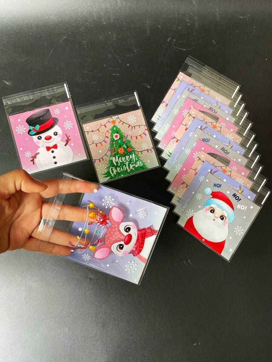 100 个彩色圣诞派对礼品包装 OPP 自封袋，可爱雪人、驯鹿、圣诞老人图案主题派对促销礼品装饰袋，圣诞节 - 彩色 - 查看 1