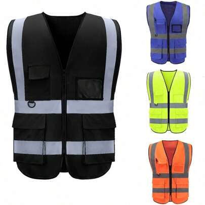 Chaleco de seguridad reflectante de alta visibilidad, clase, con bolsillos y cremallera, ideal para trabajo en la construcción, de alta visibilidad