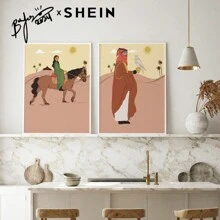 SHElN X  Bayan Yasien 2pcs Designer  Hand-Painted Illustration, Boho Style Poster, Framed Wall Art Easy To Hang,For Room Decor Items