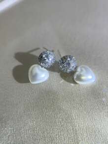 Women's Earrings With Zirconia Ball Pendant And Heart Pearl, 18k Gold Plated And 925 Silver - Bạc - Xem 5