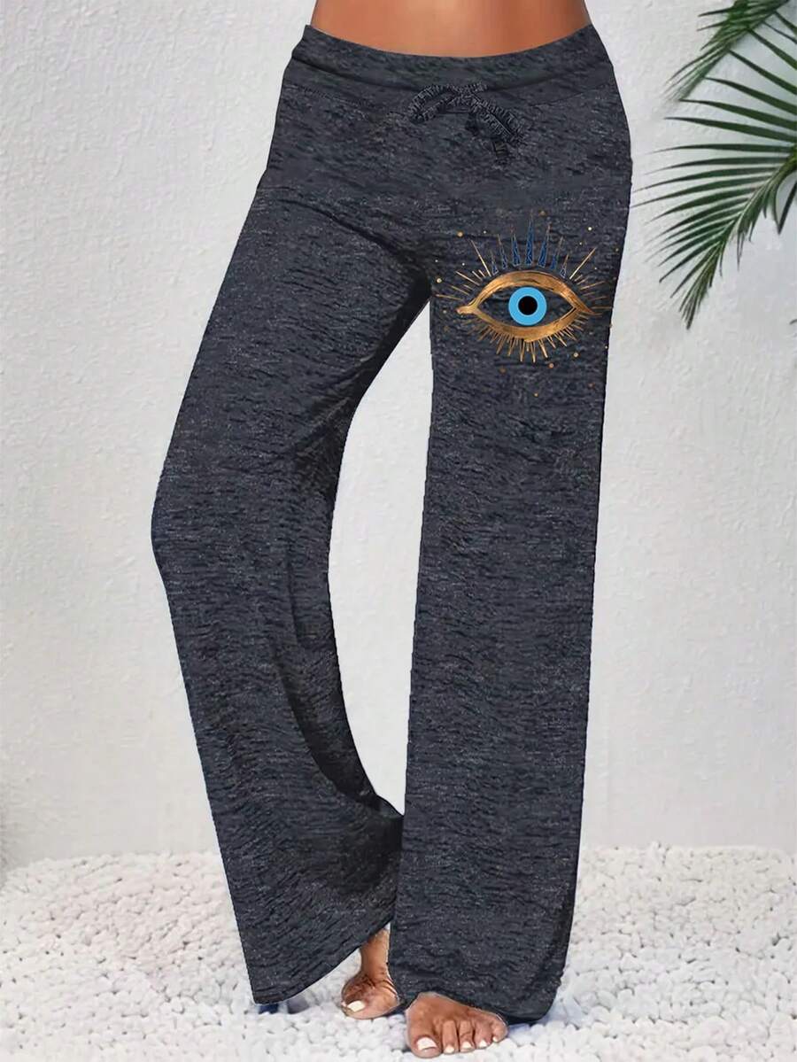 新品女式眼睛印花抽绳腰阔腿休闲运动裤 - 黑色 - 查看 1