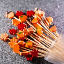 Pumpkin Cocktail Picks 100pcs Autumn Bamboo Toothpicks Decorative Fall Leaf Fruit Sticks Sandwich Appetizer Skewers For Halloween Thanksgiving Fall Party Decorations,Christmas