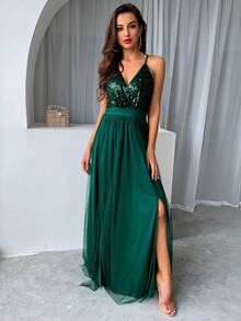 Vestido De Noche Largo De Tul Con Lentejuelas Y Escote En V - Verde - Ver 5