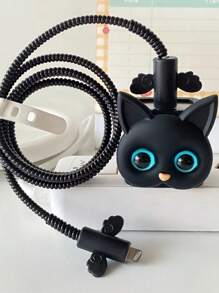 5pcs Fashion Black/White Cat Design Charger Protector Case & Data Cable Organizer Compatible With Iphone 11/12/13/14 Pro Max Cable Protector - Multicolor - View 3