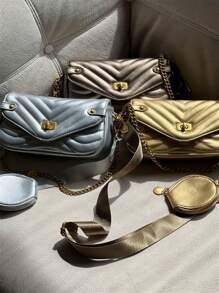 Baguette And Crossbody Bag With 2 In 1 Strap With Coin Case Fashion Pu With Metal Lock With Chain - Plateado - Ver 3