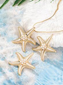 3pcs Fashionable Beach Style Starfish & Faux Pearl Pendant Necklace And Earrings Set, Women's Casual Summer - Yellow Gold - View 7