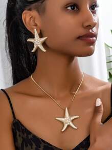 3pcs Fashionable Beach Style Starfish & Faux Pearl Pendant Necklace And Earrings Set, Women's Casual Summer - Yellow Gold - View 2
