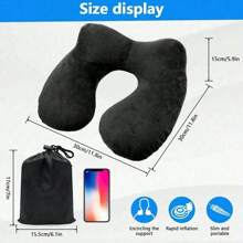 Juego de 3 piezas: antifaz para ojos, tapones para los oídos, almohada de viaje inflable y compacta con cuello anti-ruido y anti-brillo, reposacabezas ergonómico con funda de terciopelo suave y lavable para camping, viaje, avión, tren, coche, oficina - Negro - Ver 6