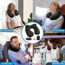Juego de 3 piezas: antifaz para ojos, tapones para los oídos, almohada de viaje inflable y compacta con cuello anti-ruido y anti-brillo, reposacabezas ergonómico con funda de terciopelo suave y lavable para camping, viaje, avión, tren, coche, oficina - Negro - Ver 3