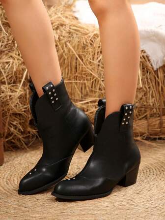 2024 New Fashion Black Pointed Toe Chunky Heel Rivet Decor Motorcycle Ankle Boots For Women, Street Punk Western Cowboy Style