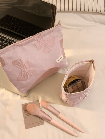 Pink Bow-Print Embossed Cosmetic Bag, Large Capacity Zippered Cosmetic Bag, Multi-Functional Storage Bag. Also Includes A Sanitary Bag, Coin Purse, Toiletries Organizer, Pink Square Large Capacity Cosmetic Bag, A Travel Essential.