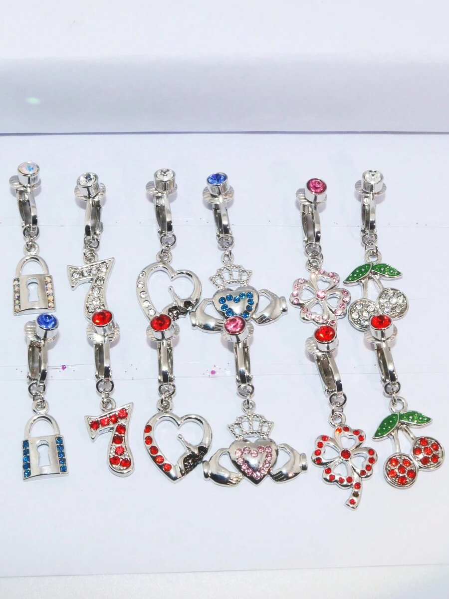 2pcs Navel Rings, Non-Piercing Navel Rings, Fake Navel Rings, Rhinestone Navel Rings Pendant, Non-Piercing Earring - 2 Lock Pendants - View 1
