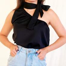 Women's One Shoulder Asymmetrical Bow Blouse With Bow - 黑色 - 查看 2
