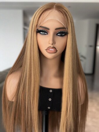 Peluca sintética con frente de encaje de 30 pulgadas de largo recto 13x5x1 con cabello de bebé, aspecto natural, fácil para principiantes, predesplumada, lista para usar sin pegamento, con mechones rubio miel para mujeres