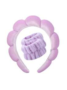 3入組時尚絲絨海綿頭箍和毛絨手腕帶，適用於洗臉、化妝、護膚、派對和外出。同時也可以配上手工編織的手環作為秋季配飾。