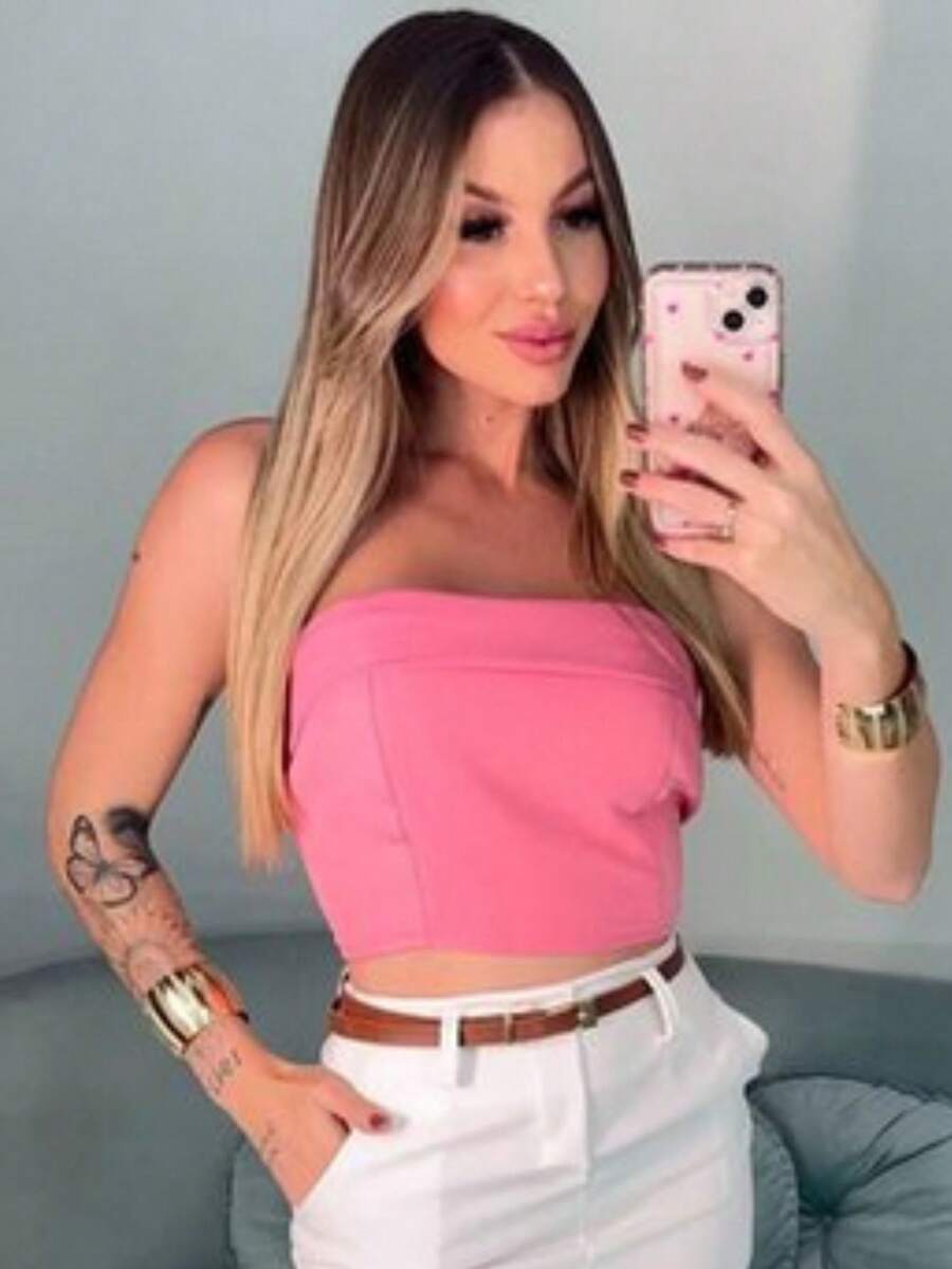 Cropped Top With Off-The-Shoulder Braided Back - Màu Hồng baby - Xem 1