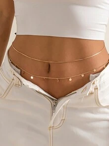 2 件装简约金属亮片流苏多层腰链独特盒链混合身体链女士 - 金色 - 查看 3