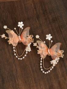 2个/套 手工布艺蝴蝶发夹，女士日常/派对发饰爪夹发卡，学生用品，大学用品 - 橘色 - 查看 2