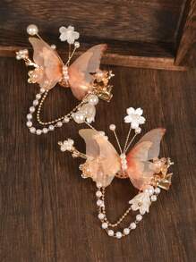 2个/套 手工布艺蝴蝶发夹，女士日常/派对发饰爪夹发卡，学生用品，大学用品 - 橘色 - 查看 3