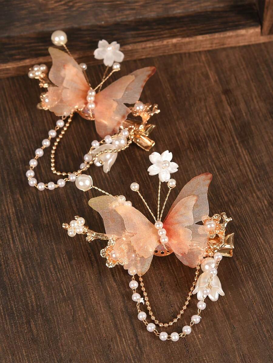 2个/套 手工布艺蝴蝶发夹，女士日常/派对发饰爪夹发卡，学生用品，大学用品 - 橘色 - 查看 1