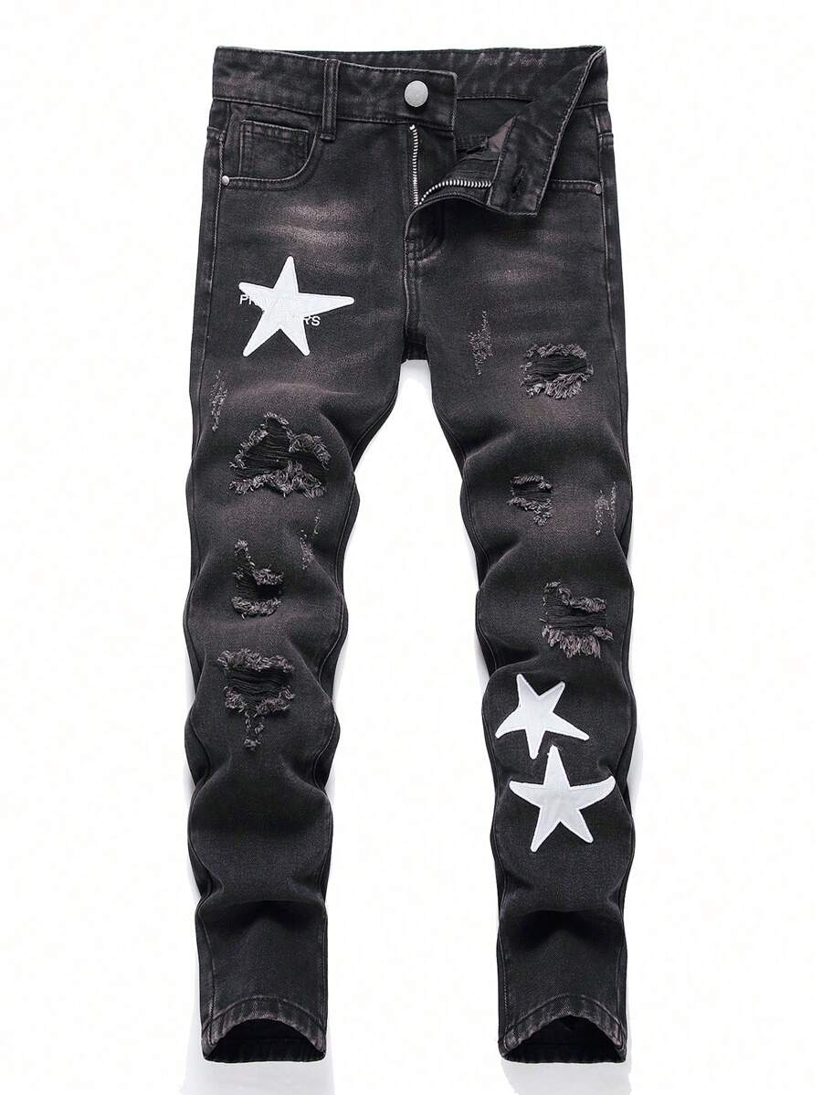 Teen Boy Star Print Distressed Washed Denim Jeans - Black - View 1
