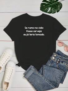 Women's Baby Look T-Shirt Printed Phrase "Se Rumo Na Vida" Various Colors 100% Cotton - màu đen - Xem 2
