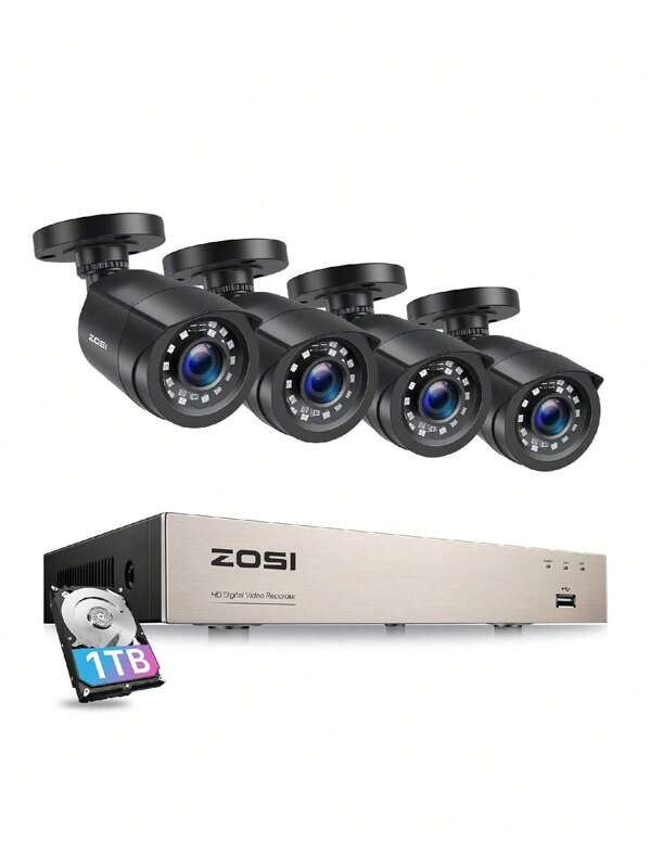 ZOSI Juego de cámara de videovigilancia para exteriores 1080p con cable, grabador DVR Lite 8CH 5MP con disco duro de 1TB y sistema de 4 cámaras de seguridad para exteriores de 2MP, detección de movimiento