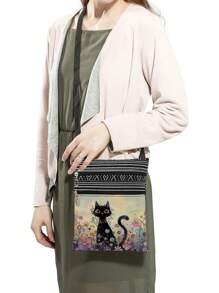 Cute Cartoon Black Cat Print Crossbody Bag, Unisex Reusable Shoulder Bag With Floral Animal Pattern, Adjustable Strap, Portable Messenger Bag, Party Gift For Cat Lovers