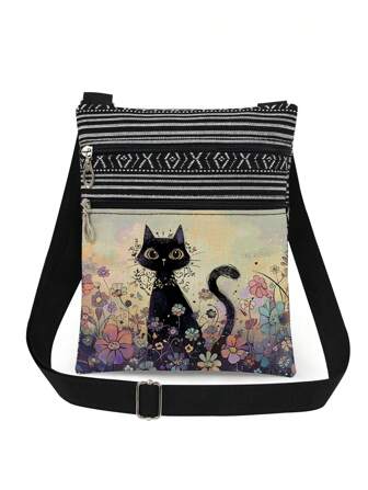 Cute Cartoon Black Cat Print Crossbody Bag, Unisex Reusable Shoulder Bag With Floral Animal Pattern, Adjustable Strap, Portable Messenger Bag, Party Gift For Cat Lovers