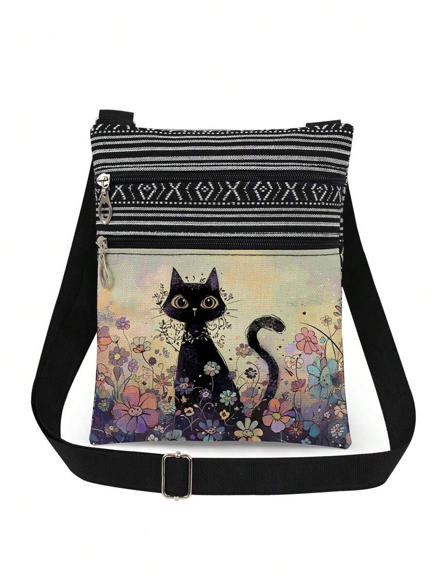 Cute Cartoon Black Cat Print Crossbody Bag, Unisex Reusable Shoulder Bag With Floral Animal Pattern, Adjustable Strap, Portable Messenger Bag, Party Gift For Cat Lovers