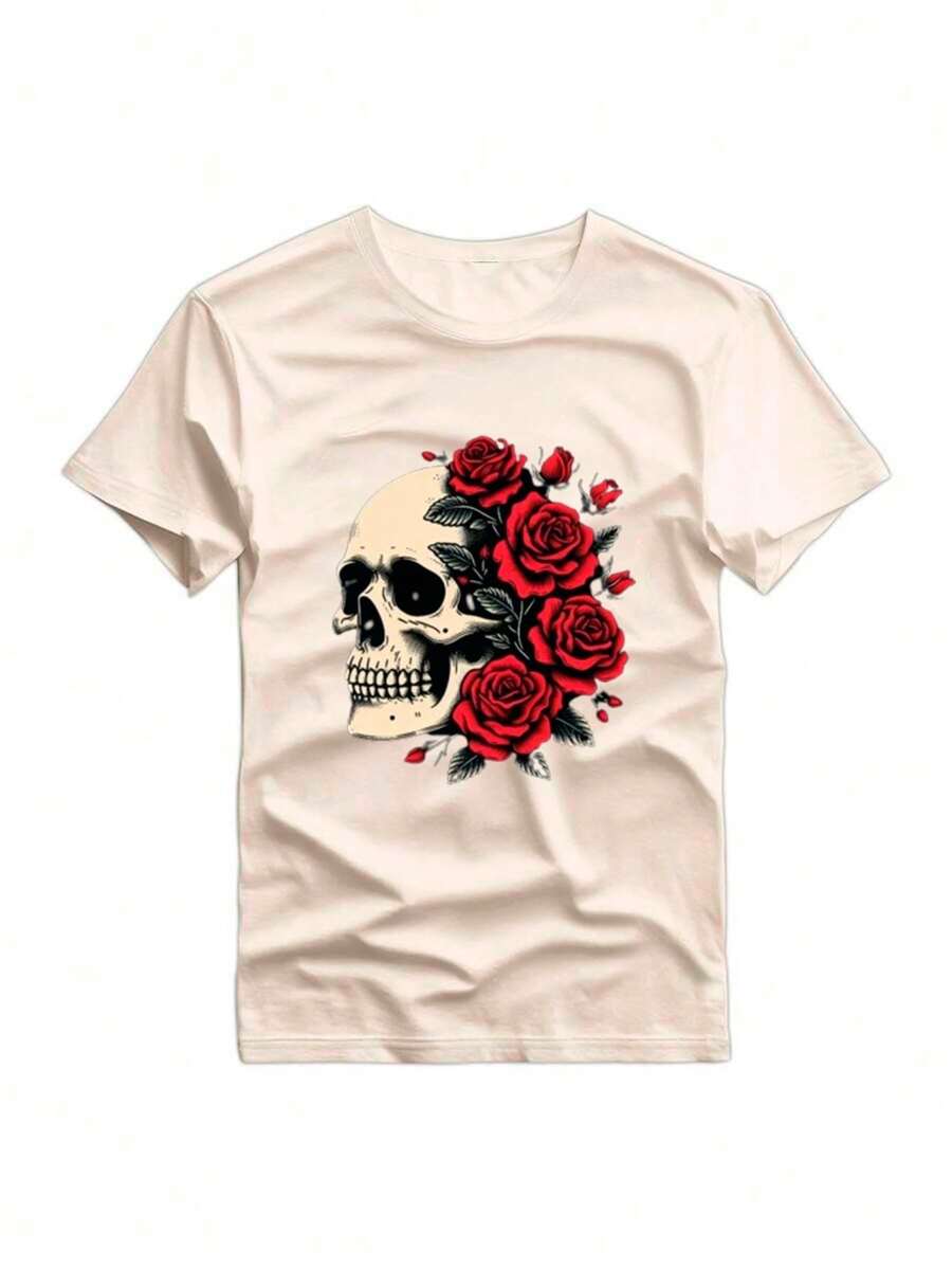 Women's Round Neck T-Shirt With Print, Casual Short Sleeve Tops For Spring And Summer, Women's Clothing - Beige - View 1