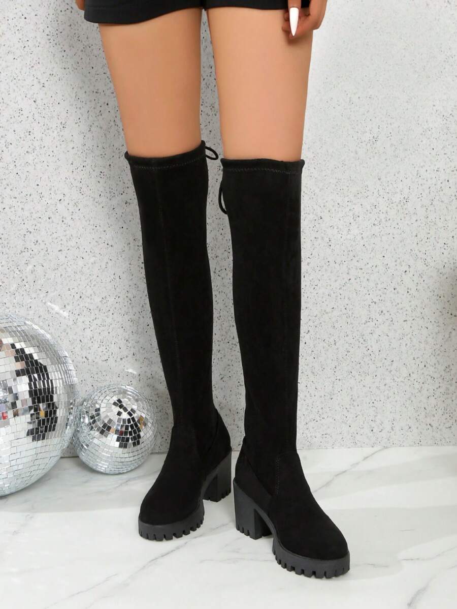2025 Neue schwarze Overknee-Stiefel für Damen, Herbst/Winter, mit einem Knopfdruck, hinten geschnürt, hoher dicker Absatz, runde Zehenpartie, elastische Skinny-Stiefel