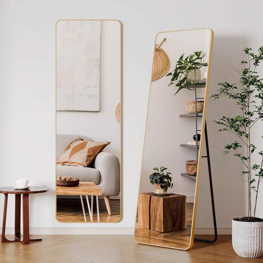 Full Length Mirror 162 X 53cm With Stand Standing Mirror HD Large Wall Mirror With Hook Full Length Mirror Wall Hanging Mirror For Living Room Bedroom Dressing Room Bathroom Hallway Gold