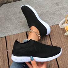 Women's Fashionable Solid Color Breathable Slip-On Running Sports Sneakers - Black - View 5