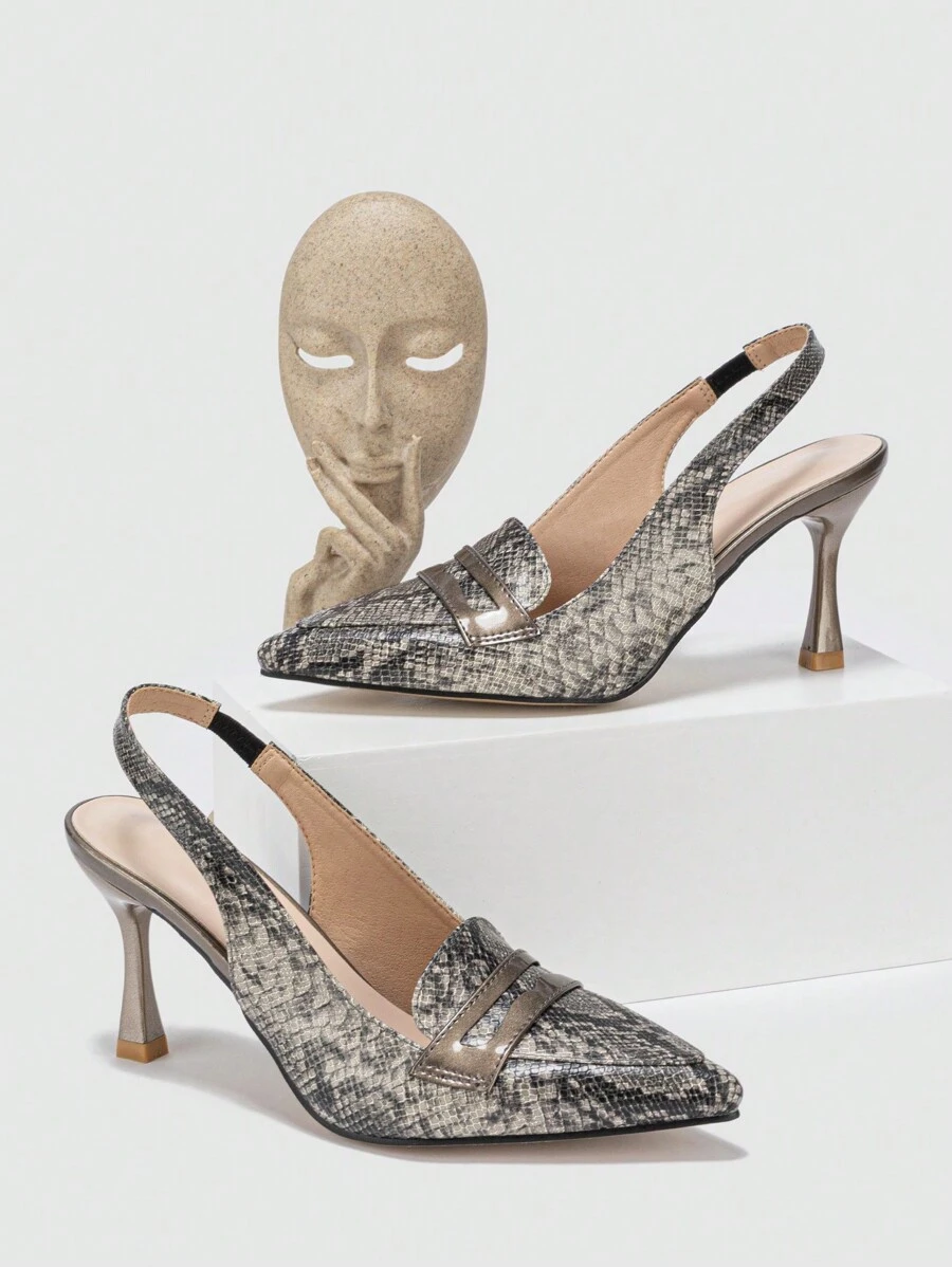 女士尖头高跟乐福鞋，后跟带设计，多色压纹礼服鞋，优雅