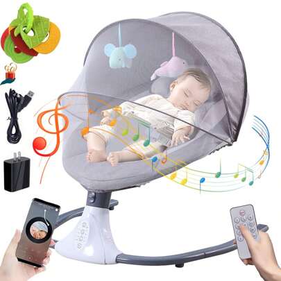 Hamaca eléctrica, columpio portátil, hamaca de interior con mando a distancia, arnés de 3 puntos, 12 canciones de cuna y función Bluetooth
