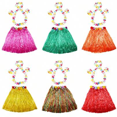 1 Set, Vestido Hawaiano de Hula, Vestido Tropical de Hula Hawaiano, Ideas de Regalo de Fiesta Hawaiana, Decoración de Fiesta, Vestido de Hula para Actuación, Decoración Individual de la Guirnalda de Hula, Collar de Flores, Diadema y Muñequera, Navidad