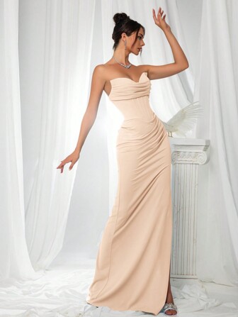 VIPGIRL Elegant Bridesmaid Dress: Strapless Flattering Fitted Satin Gown With Corset Bodice & Draped Waist – Minimalist Luxury Formal Evening Wear, Wedding Guest Outfit