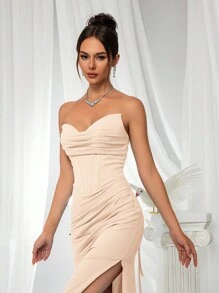 VIPGIRL Strapless Slit Elegant Women's Evening Gown, Bridesmaid Dress - 香檳色 - 查看 6