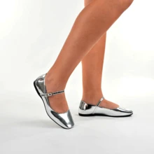 Women's Mary Jane Doll Shoes Square Toe Bold Comfortable Flat Strap And Buckle Silver - Bạc - Xem 3