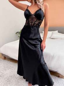 1pc Solid Color Spaghetti Strap Lace Patchwork Casual Sleepwear Slip Dress - Black - View 4