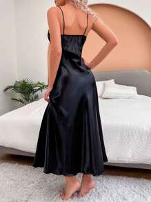 1pc Solid Color Spaghetti Strap Lace Patchwork Casual Sleepwear Slip Dress - Black - View 2