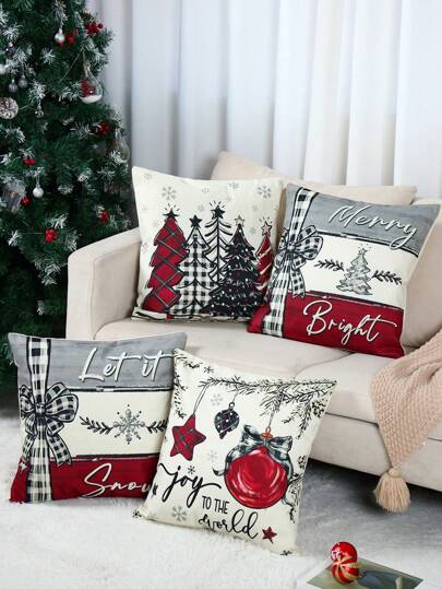4 fundas de cojín decorativas navideñas de lino cuadradas de 45*45cm, con estilo retro de árbol de Navidad rojo. Funda de cojín suave para decoración de fiesta navideña, hogar, sofá y silla. Decoración navideña, funda de cojín navideña, decoración de sofá navideña. Decoración de habitación navideña, regalo navideño, decoración de Año Nuevo 2026. Núcleo de cojín no incluido.