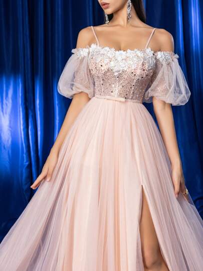 Kexmon Elegant Pink Off Shoulder Sequin Floral Maxi Tulle Evening Dress, Formal Prom Gown, For Wedding Guest, Graduation, Dinner