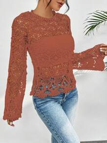 Summer Lace Blouse Gripir Round Princess Collar Long Flare Sleeve - 珊瑚橙 - 查看 3