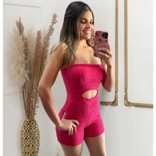 Short Strapless Jumpsuit With Padded Bra And Opening At The Belly / Foreign Fashion - 玫紅色 - 查看 2