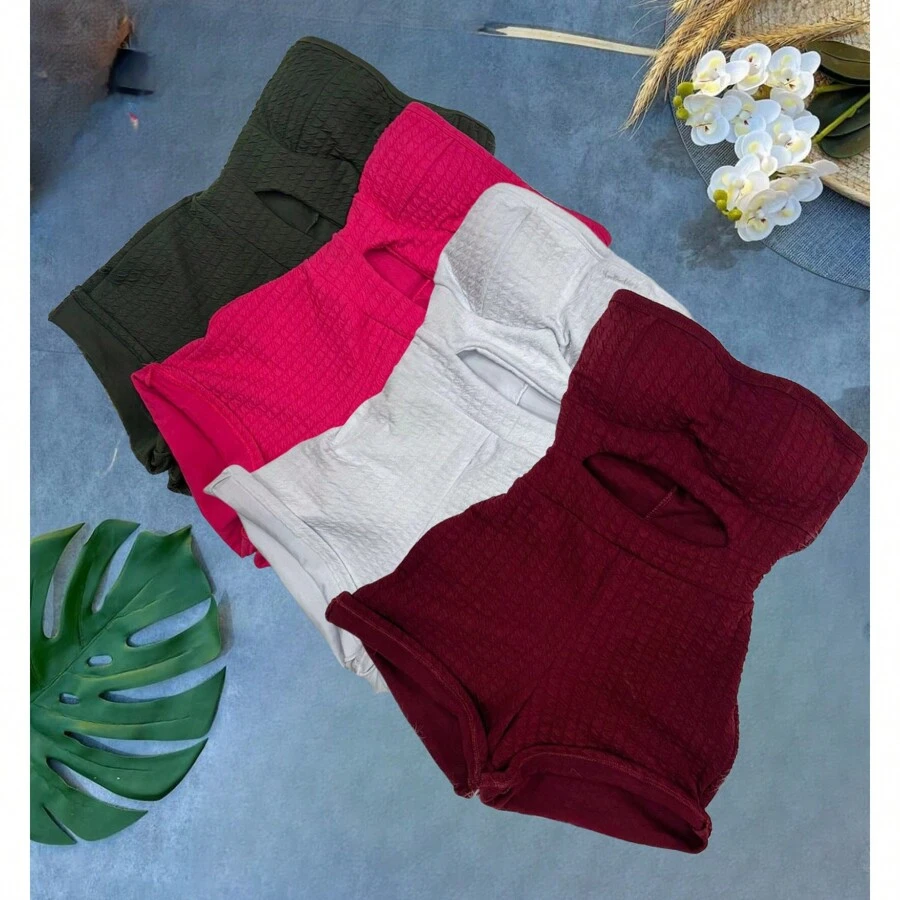 Short Strapless Jumpsuit With Padded Bra And Opening At The Belly / Foreign Fashion - 玫紅色 - 查看 1