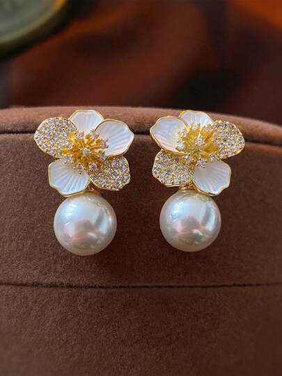 topshiny 1 对优雅花形珍珠和锆石耳环，奢华珠宝耳环礼物，适合女性日常佩戴和派对